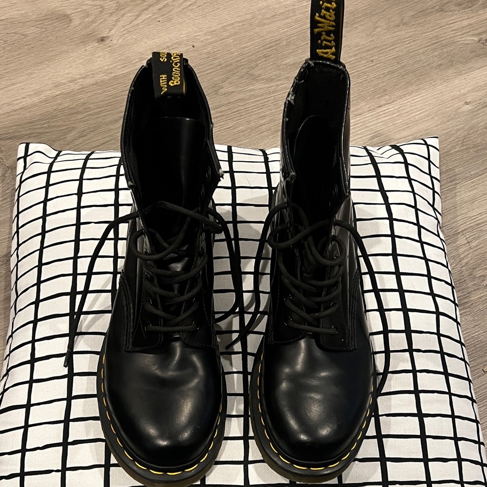 Dr. Martens Black Leather Boots with Yellow Stitching